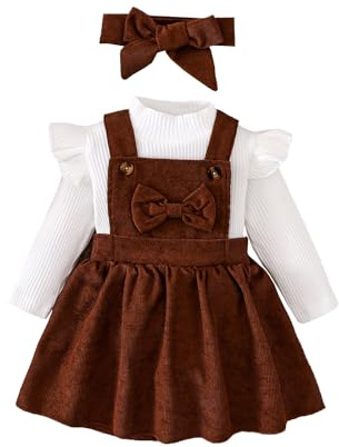 UUAISSO Conjuntos Para Bebé Recién Nacido Top Manga Larga Falda con Tirantes a Cuadrosvestido de oso Bonito Diadema marrón café 6-12 meses
