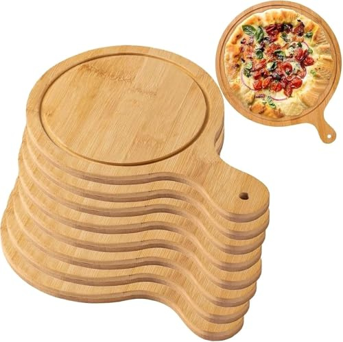 Ensemble de planches de service à pizza en bois, 8 paquets, assiettes en bambou naturel avec poignées, multifonctions for couper et fabriquer du fromage rond
