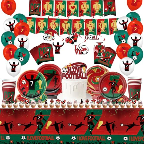 2026 World Cup Party Tableware Set:137*274cm Big Tablecloth, 7 & 9inch Paper Plates, Tissues Paper Cups Banner Cake Toppers Hanging Swirls and Balloon for World Cup Party Supplies A Total of 107Pieces