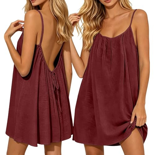 Robe Femme Caraco Dos Nu sans Manches Bretelles Spaghetti Courte Légère Fluide pour Vacances Plage Été Ajustable Chic Élégant Confortable Tendance Décontracté Mode Agréable Tenue Estivale Élégance