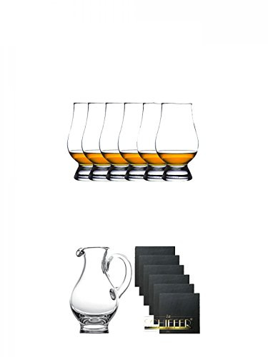 The Glencairn Glass Whisky Glas Stölzle 6 Stück + Wasserkrug Half Pint Serie The Glencairn Glass Stölzle + Schiefer Glasuntersetzer eckig 6 x ca. 9,5 cm Durchmesser