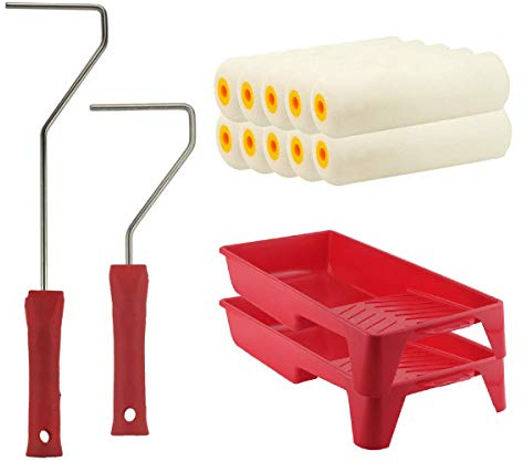 Malerversand SET: 10x Farbwalze Lackierwalze Schaumwalze Farbroller - Kleinflächen (10cm) - Schaum-Floor + 1x Steckbügel 27cm lang - Kleinflächen (10cm) + 1x Steckbügel 39cm lang + 2x Farbwanne