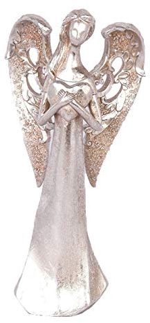 INNA-Glas Figura d'Angelo Decorativo Pinta, Cuore in Mano, Argento-Rame, 30cm - Soprammobile - Statuetta Decorativa