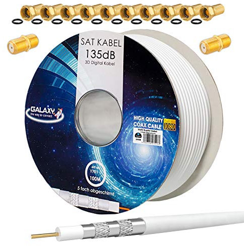 HB-DIGITAL SET 100m Cable coaxial de antena satélite 135db CCS (Acero-Cobre) 5 veces blindado para DVB-S/S2 -C/C2 -T/T2 DAB+ Radio BK Sistemas Blanco + 10x F-Conector & 2x F-Conector chapado en oro