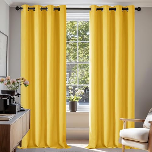 Deconovo Opaque Blackout Eyelet Curtains, 210 x 140 cm, Mustard Yellow, Set of 2