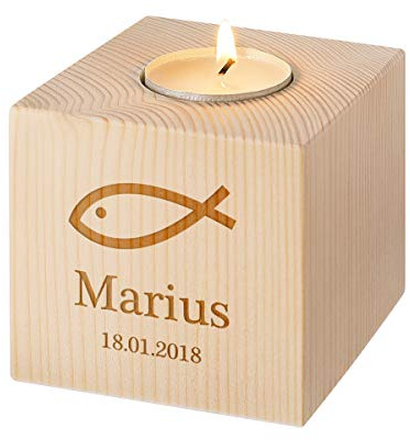 Teelichthalter in Form eines Würfels - Naturprodukt aus Holz – Kerzenständer Taufe - Geschenkidee für Kinder - Motiv Fisch