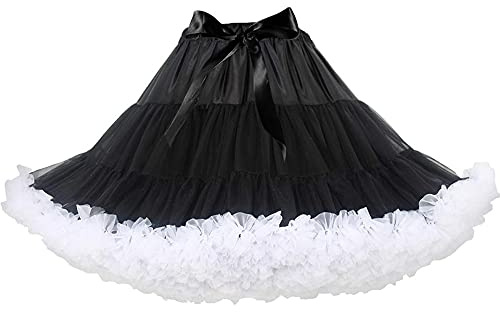 PhilaeEC Women's Elastic Waist Chiffon Petticoat Puffy Tutu Tulle Skirt Multi-Layer Cosplay Fluffy Skirt Underskirt, Length 40cm, Waist 55-95cm (Black+White)