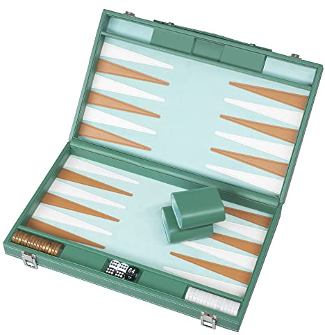 Mattera 15 inch Backgammon Set - Modern Green Board Game - Wood and Leatherette with Marbleised Checkers - Travel Games for Adults