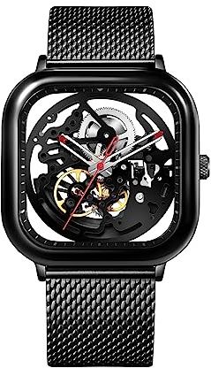 CIGA Design Montre Automatique Homme Série C 40mm Mécanique Squelette Carrée Acier Inoxydable avec Bracelets en Milanais Cadeau Homme, Boîte Cadeau Design(Noir)