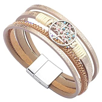 KunBead Jewelry Leather Wrap Bracelets for Women Family Tree of Life Handmade Braided Boho Multilayer Magnetic Buckle Bracelet Wristband Cuff Bangle Birthday Gifts