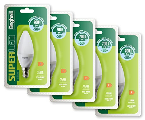 Beghelli - SUPER Led Lampadina Led E14 Luce Fredda, Lampadina Led a Oliva 7W, 700lm, 6500K, 5 Pezzi