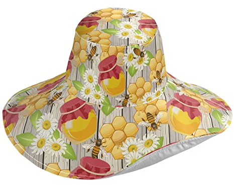 Chapeau de soleil mignon abeille papillon jaune pour femme en plein air plage jardinage agriculteurs défense UV protection solaire large bord, Bees Pots à miel en bois nid d'abeille camomille, Taille