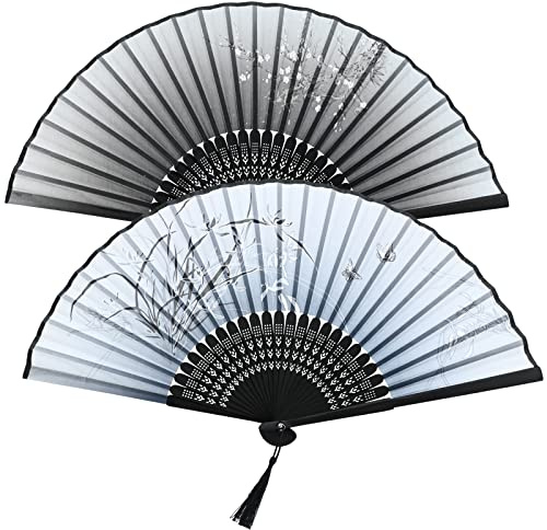 Hileyu Hand Fan Folding 2Pcs Chinese Silk Fabric Handheld Fans with Tassel for Women Men Classic Bamboo Hand Held Fans for Wedding Party Gifts Dance Chinese Decorations (Black)