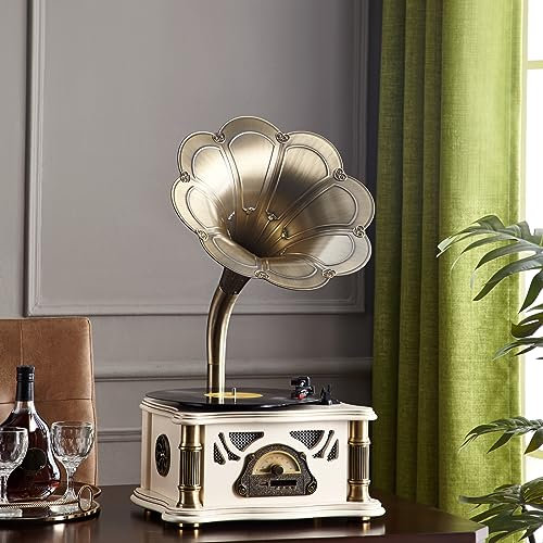 HZLSBL Gramophone vintage avec sortie Bluetooth, tourne-disque vintage pour disques vinyles de 17,8 cm, 22,9 cm, 30,5 cm, 3 vitesses, Hi-Fi, fabriqué à la main par Pure Oak (or blanc)
