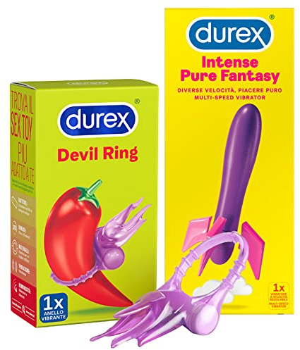 Durex Devil Ring Anello Vibrante Elastico con Vibrazione per Stimolazione Intima Clitoridea + Durex Intense Pure Fantasy Massaggiatore Intimo Silenzioso Vibratore Waterproof ad Intensità Regolabile