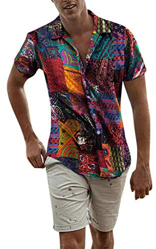 Camisa de lino para hombre, verano, manga corta, Hawaii, camisa de verano, camisa de verano, camisa de lino, camisa de manga corta, cuello alto, corte regular, camisa tradicional, multicolor, XXXXXL