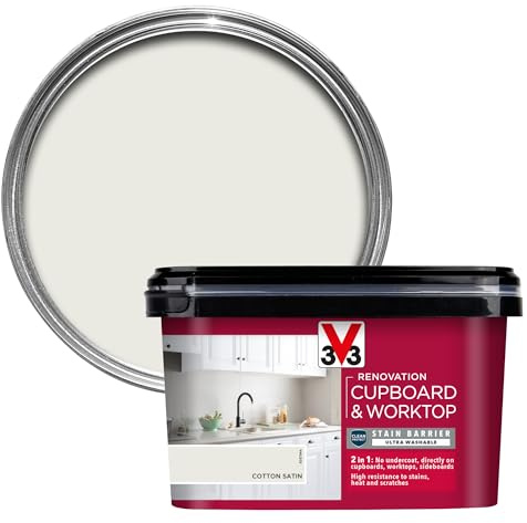 V33 Renovation Cupboard & Worktop Paint, Cotton Satin, 2L | No undercoat needed, Extreme resistance to knocks, scratches, water, heat & stains, Suitable for kitchen cabinets & worktops
