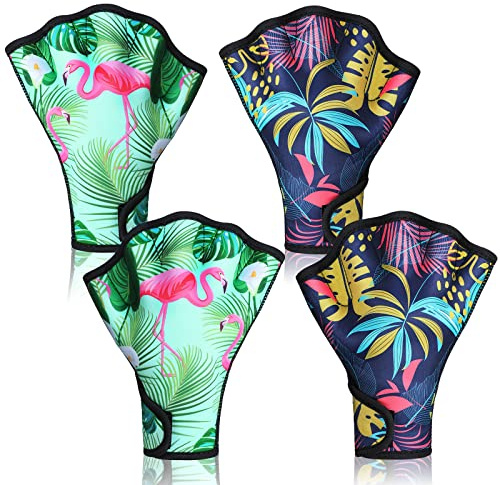 Honoson 2 Pairs Swimming Gloves Women Water Aerobics Gloves Aquatic Fitness Water Resistance Webbed for Men Women Unisex Poll Training Exercise(Flamingo Monstera,Large)
