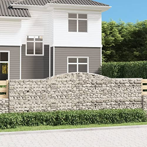 Higsose Gabion avec arche haute 400 x 30 x 120/140 cm, argent, fer galvanisé, panier à pierre, panier à gabion, clôture, mur de soutènement, grillage en pierre