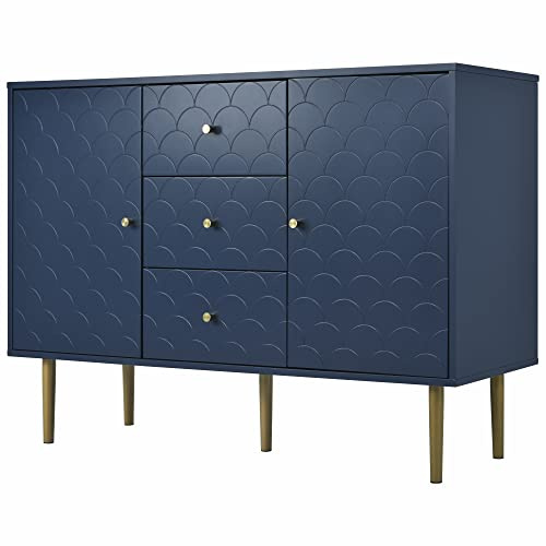 Elegante Marineblaue Kommode | 2 Türen, 3 Schubladen | FSC®-zertifiziertes Massivholz | Verstellbare Ablage | Wohnzimmer Schlafzimmer Schrank (120 x 40 x80 cm, Blau, 1)