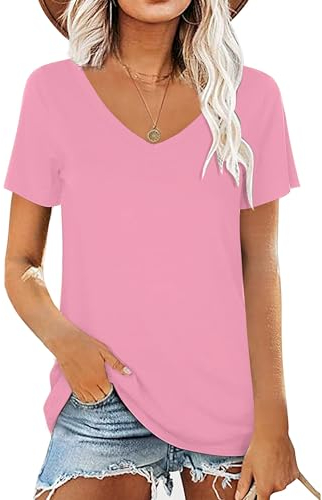 AirMood Damen-Sommer-T-Shirt, V-Ausschnitt, lässig, kurzärmelig, Tunika-Oberteil, Rose, M