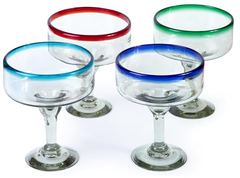 Juego de 4 vasos de margarita mexicana soplados a mano de 16 onzas, colores surtidos