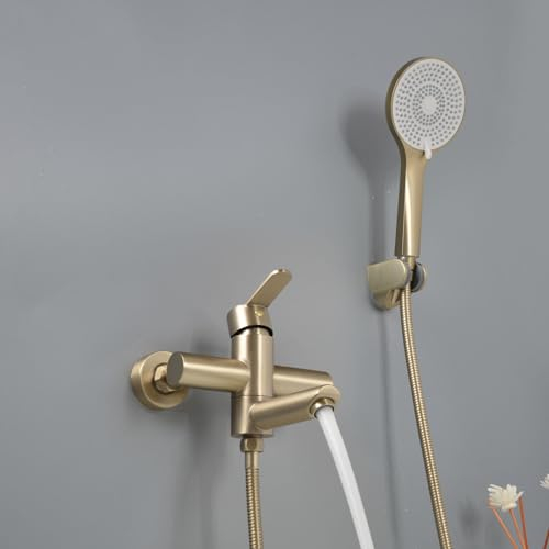 PHASAT grifo de bañera con ducha de mano de acero inoxidable juego de ducha de pared grifo de bañera de baño oro caño giratorio de 90 ° PTBG04E