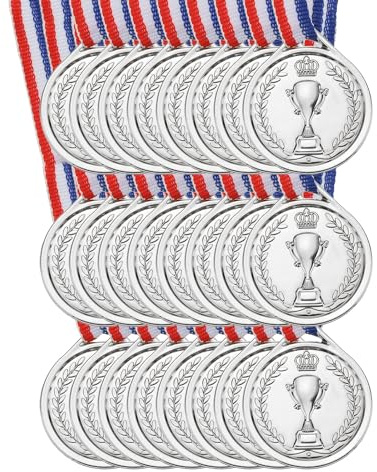 PATIKIL 1,5 Mini Silber Medaillen, 24er Pack Plastik Gewinner Medaillen für den 2. Platz mit Halsband für Tischtennis Spiele, Sportwettbewerbe, Partygeschenke