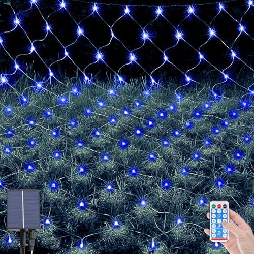 OPAHUTER 96LEDs Solar Net Lights Outdoor, 4.9 x 4.9 Ft Mesh Fairy Lights, Waterproof Net Lights with 8 Modes, Remote Control, Copper Wire Net Lights for Christmas Tree Lawn Fence Bushes Wall