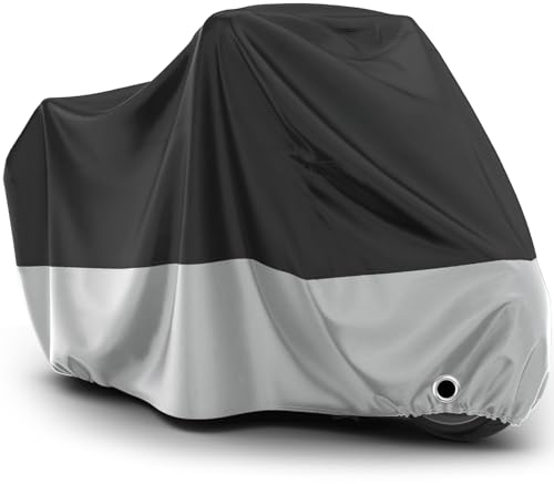 Favoto Motorrad Abdeckplane Outdoor Wasserdicht - Motorradabdeckung XL Staubdicht UV-Schutz mit Schlossloch Winddichte Schnalle Polyester Schwarz Silber 220cmx105cmx125cm