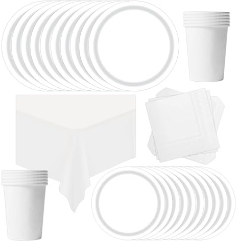 POPOYU 69 Pièces Vaisselle Jetable Anniversaire Blanc,Assiette Carton Papier Tasses Serviettesr Nappe pour Fête de Noël,Vaisselle de Fête Enfants,Barbecue Les Fêtes Les Pique-niques(16 Invités)