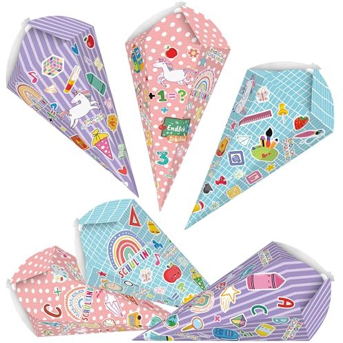 CloverCy Geschwisterschultüte, 6Stück Schultüte zur Einschulung Mädchen, klein Faltbare Zuckertüte, Geschenkverpackung für Schulanfänger, Geschwister Schultüte für Einschulung Schulanfang Geschenk