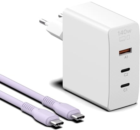 140W USB C Ladegerät PD3.1, KFD GaN 3-Port Netzteil für MacBook Pro 18,4 M3 M4 M2 Air Microsoft Surface Laptop 7 11 10 9 Samsung Galaxy DJI Drohnen Notebook Tablet HP OMEN AI PC 28V5A Schnellladegerät