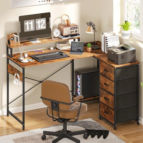 YITAHOME Schreibtisch, Eckschreibtisch mit 4-stufigem DIY-Aufbewahrungsregal Multifunktionstisch mit 2 USB-Anschlüssen & Steckdosen für das Homeoffice, Studium, Wohnzimmer, 130x100x75cm, Vintage-Braun