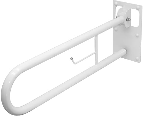 CM BAÑOS - Barra Abatible de Acero Con Portarrollos Incorporado, Barra Baño Minusválido, Barra WC Seguridad, Giratoria y de Plegado Compacto a Pared, Blanco Mate, 73 cm