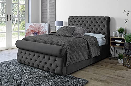 Einzelbett mit Stauraum, Gaslift-Polsterbett mit Sockel und Kopfteil, robustes Netzgestell, Schlittenbett (schwarz) Spanischer Schwan