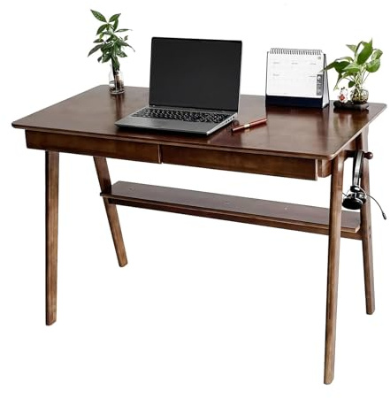 BuyUp Holz-Schreibtisch mit Schublade und Hängestange, Wooden Computertisch im Heimbüro Büro Schreibtisch Massivholz Sekretär Tisch Vintage für Büro und Home-Office