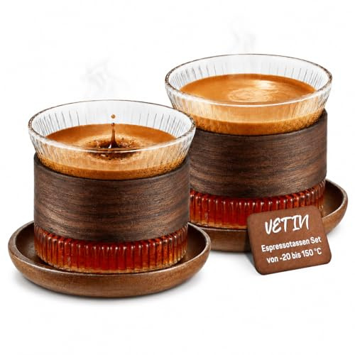 VETIN Espressotassen Set 2er – Espresso Gläser mit Untertassen & Holzring, 170 ml Borosilikatglas, hitzebeständig, für Espresso, Cappuccino & Latte, transparent weiß