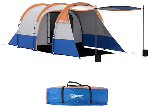 Outsunny Tente de Camping Tente Tunnel 2-3 Personnes avec Chambre à Coucher, Salon et Porche légère ventilée 3 Portes Sac de Transport Inclus 420 x 200 x 150 cm Blanc grisâtre et Orange