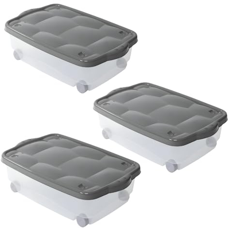 PALUPLUS 3 Contenitori Multiuso Basso con Ruote e Coperchio ANTRACITE, misura 60x40x18,5 cm e Capacità 24 Lt, Porta biancheria Trasparente, Organizer box salvaspazio per Scarpe, Vestiti - 633F -3,95