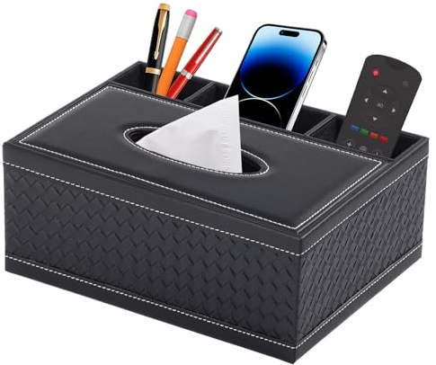 XNONE Taschentuchbox aus PU-Leder, rechteckig, Haushalt, groß, mit Fernbedienungshalter, Büro-Schreibtisch-Aufbewahrungsbox, stilvoll, multifunktional, Schreibwaren-/Servietten-Organizer (schwarzes