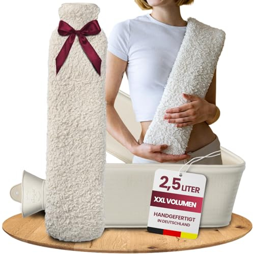Kuschel Wärmflasche Made in Germany mit Bezug aus extra weicher Bio-Baumwolle - Teddy Wärmflasche Hot Water Bottle lange warm zur Schmerzlinderung - easy and green® (2,5 L Lang)