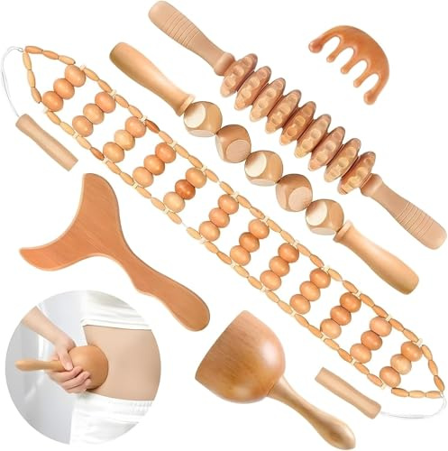 6 in 1 Holz Massage Werkzeug Set Professionelles Komplettes Maderoterapia Massagegerät Roller Gua Sha Set Kit Faszienrolle Body Sculpting Tools für Körperformung Muskelschmerzlinderung Anti Cellulite