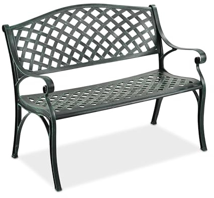 Relaxdays Gartenbank, 2-Sitzer, HxBxT: 82 x 102 x 60 cm, Aluminiumguss, antike Sitzbank, Terrasse, Balkon, schwarz/grün