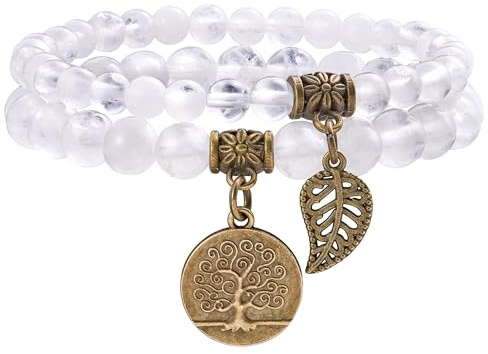 Farfume Chakra Bracelet En Pierre Naturelle - Bracelet Perles Naturelles Femme-Ensemble De Deux Bracelets Avec Accessoires Arbre De Vie Et Feuille
