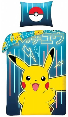 Parure de Lit Pokémon, Housse de Couette Réversible 140x200 cm, Taie d'oreiller 65x65 cm (Parure de lit Pokémon - A)