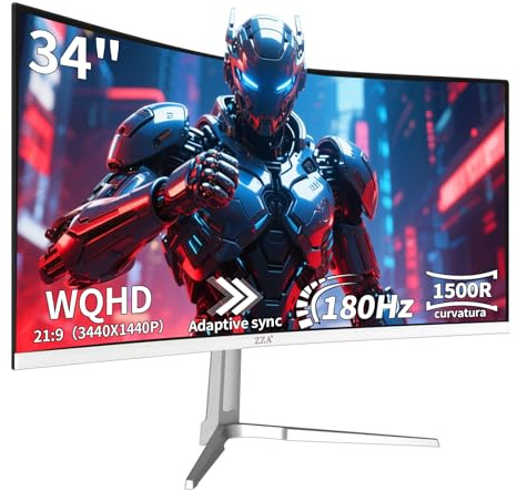 ZZA UltraWide 34 Inch Curved Monitor 1500R PC Screen 180hz Refresh Rate WQHD 3440x1440 Computer Gaming Monitor VA PanelAMD FreeSync Premium | HDR10 | 99% sRGB | VESA