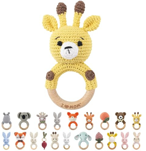 I LOVE MOM Greifling Babyrassel Beißring Gehäkelte Holz Häkeln Tiere Greifling Holz Spielzeug mit Sound Baby Geschenk für Neugeborenes Junge und Mädchen Geschenk zur Geburt - Gelbe Giraffe