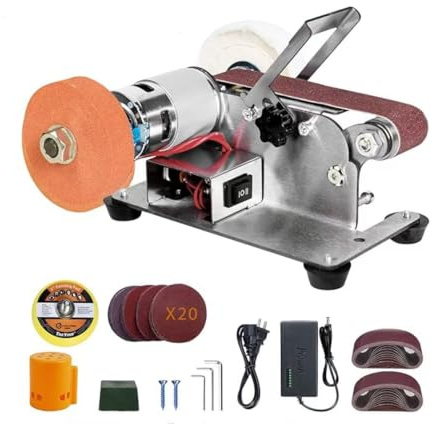 Mini Bandschleifer, Elektrischer Bandschleifer 7 Einstellbare Geschwindigkeits, Schleifer Schärfer Poliermaschine mit 20 Schleifbänder Geliefert für Messermachen Holz Holz Aluminium Polierscheibe (2)