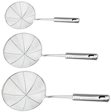 Schiumarola in acciaio inox,12/14/16/18/20/22 cm Skimmer a filo con maglia a spirale, Cucchiaio schiumatoio a manico Schiumarola metallica cucina alta resistenza al calore ((14cm, 20cm e 22cm))